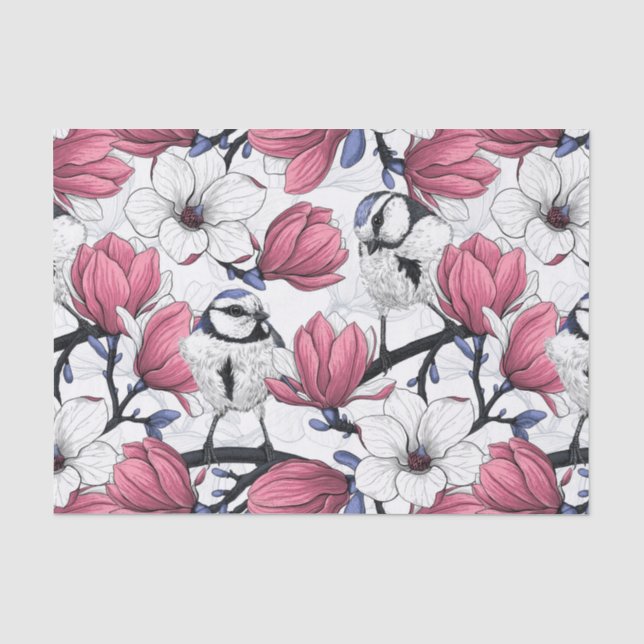 Rosa Magnolie und Blauzungenvögel Seidenpapier (Vorderseite)