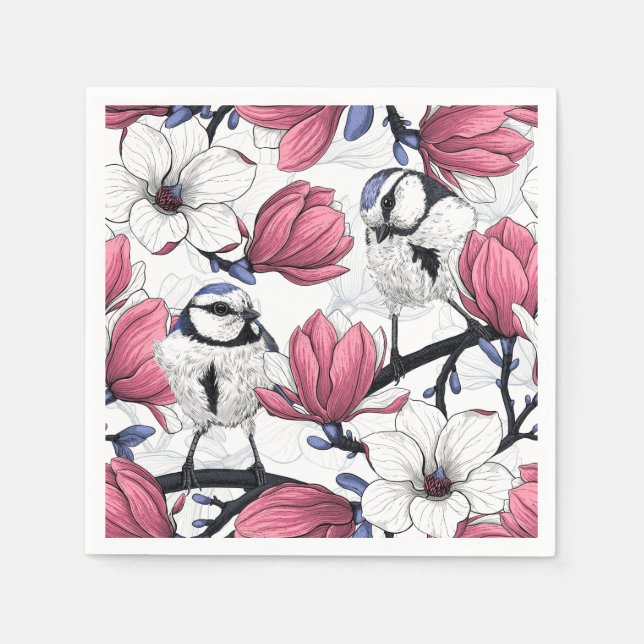 Rosa Magnolie und Blauzungenvögel Serviette (Vorderseite)