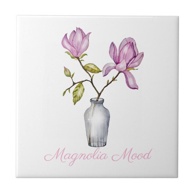 Rosa Magnolie Wasserfarbe Botanik Fliese (Vorderseite)
