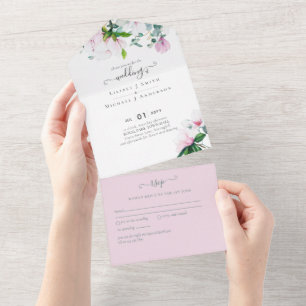 Rosa Magnolien Blumen und gelbe Hochzeitseinladung All In One Einladung
