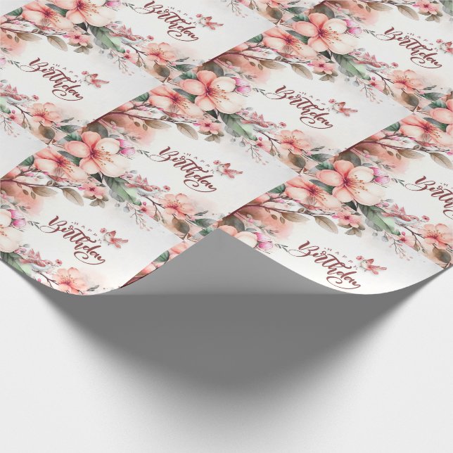 Rosa Magnolien Blüten und Vögel glücklich Geburtst Geschenkpapier (Ecke)