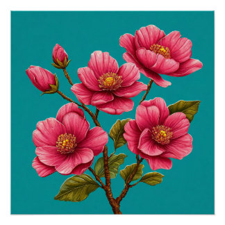 Rosa Magnolienblüten auf türkisfarbenem botanische Poster