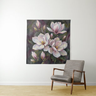 Rosa Magnolienblüten Dunkle Florale Ölmalerei Wandteppich