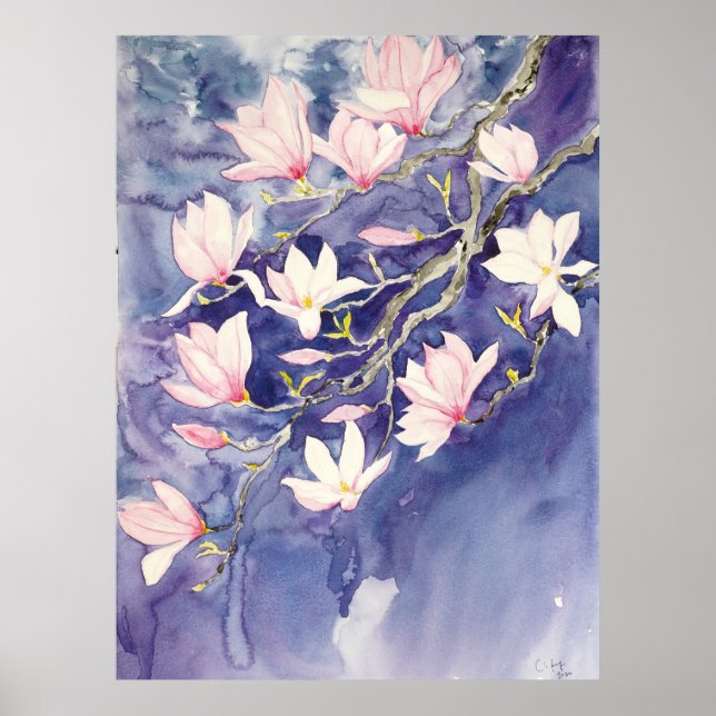 Rosa Magnolienfische Blume im lila Hintergrund Poster (Vorne)