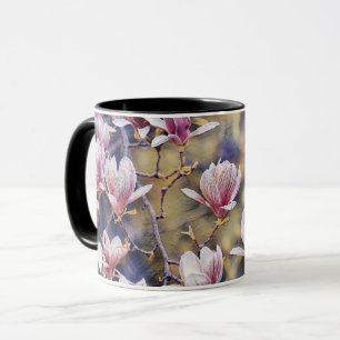 Rosa Magnolienzweig Aquarell lila Hintergrund Tasse
