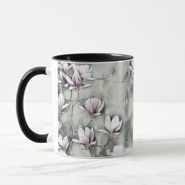 Rosa Magnolienzweig zeichnend grauschwarzer Rückgr Tasse (Links)