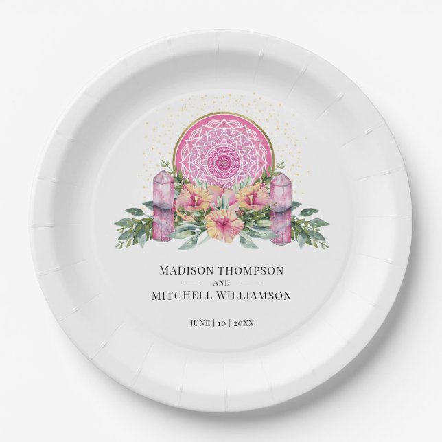 Rosa Mandala Crystals Metaphysische Hochzeit Pappteller (Vorderseite)