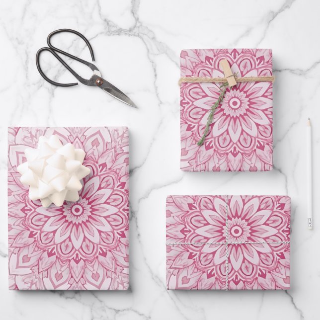 Rosa Mandala-Geschenkpapier – Intrigantes florales Geschenkpapier Set (Vorderseite)