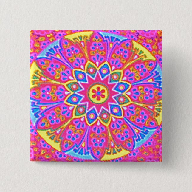 Rosa Mandala-Knopfquadrat Button (Vorderseite)