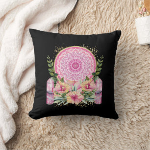 Rosa Mandala Kristall Blumen Wasserfarbe Boho Kissen