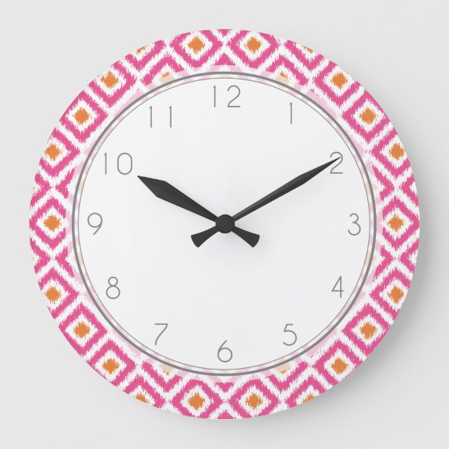 Rosa Mandarine Diamond Ikat Muster Große Wanduhr (Vorderseite)