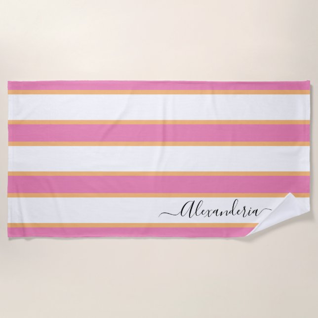 Rosa Mandarine Weiße, moderne, preppy Streifen Strandtuch (Vorderseite)
