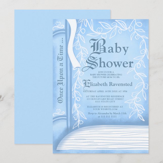 Rosa Märchen erzählerisches Buch Babydusche Einladung (Vorne/Hinten)