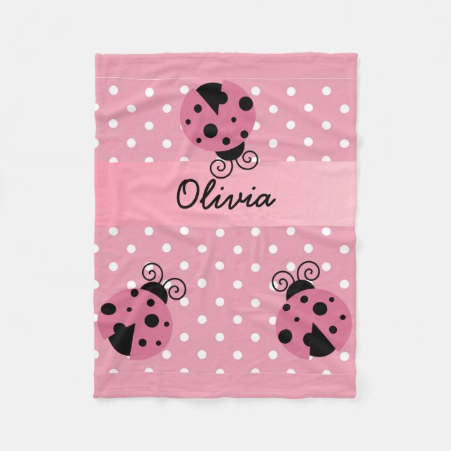 Rosa Marienkäfer-Polka-Punkt-personalisierte Fleecedecke (Vorderseite)