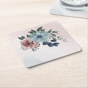 Rosa Marineblau dustig blühende Blumengrün Rechteckiger Pappuntersetzer