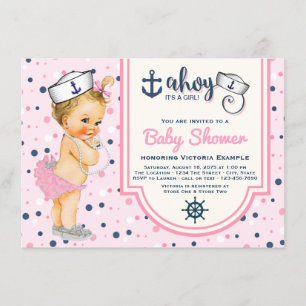 Rosa marineblaue nautische Babyparty Einladung