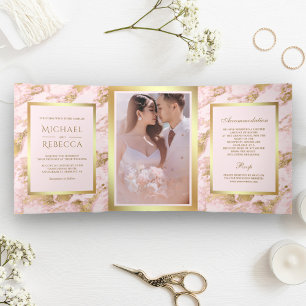 Rosa Marmor-Foto-Hochzeit mit falscher Goldfolie Dreifach Gefaltete Einladung