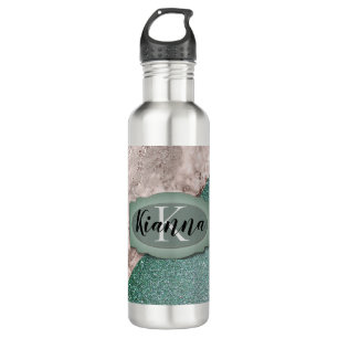 Rosa Marmor Glitzer Grüne Monogramm Edelstahlflasche