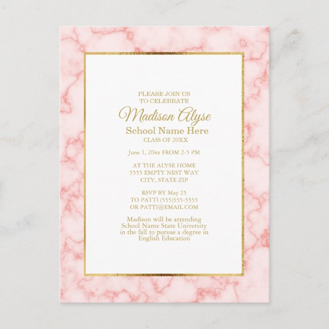 Rosa Marmor Gold White Graduation Party Einladung Postkarte (Vorderseite)