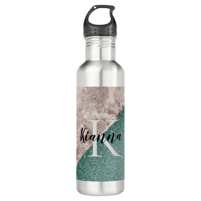 Rosa Marmor Minty Green Monogram Stainless Ste Edelstahlflasche (Vorderseite)