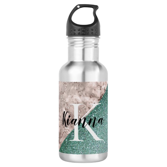 Rosa Marmor Minty Green Monogram Stainless Ste Edelstahlflasche (Vorderseite)
