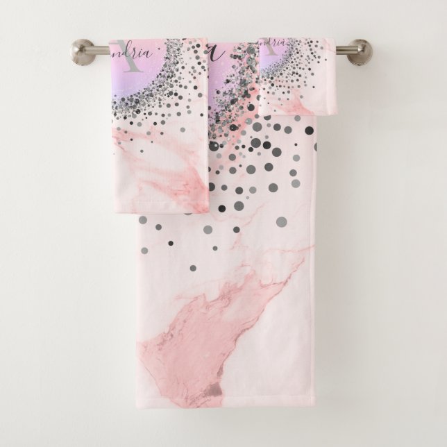 Rosa Marmor Silver Speckled Glittery Monogram Badhandtuch Set (Insitu)
