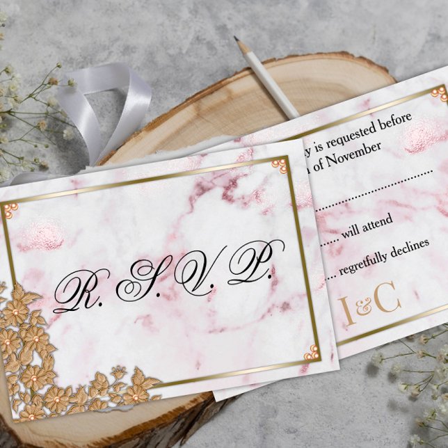 Rosa Marmor und goldene Perlen Hochzeit RSVP Karte (Von Creator hochgeladen)
