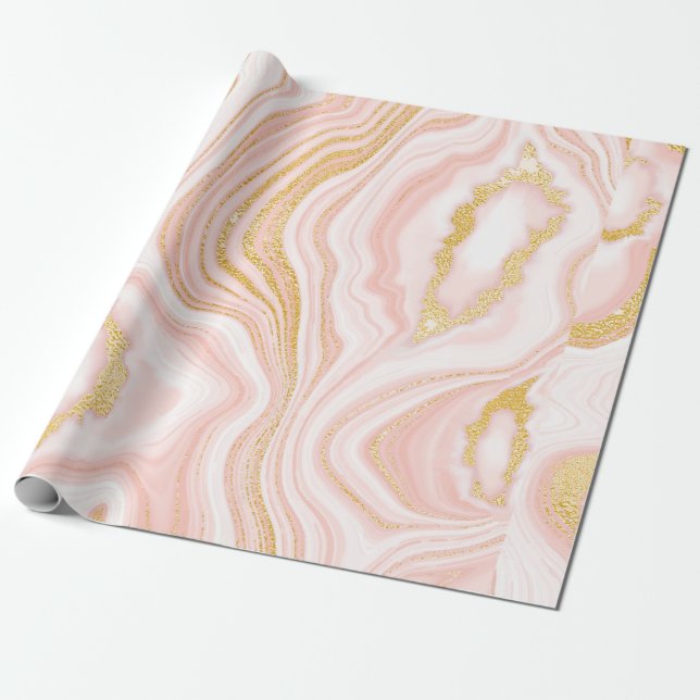 Rosa Marmor und goldene Textur Geschenkpapier (Ungerollt)