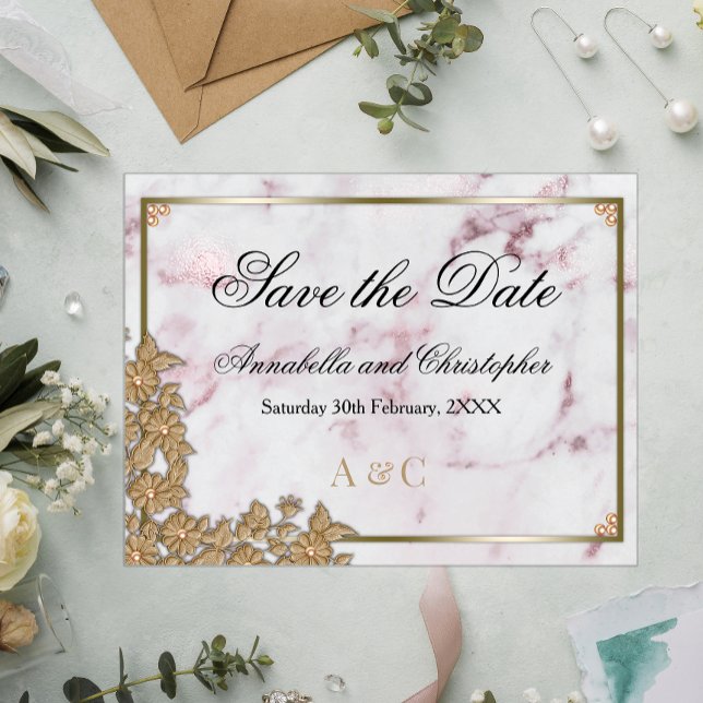 Rosa Marmor und Perlenhochzeit speichern das Datum Postkarte (Von Creator hochgeladen)