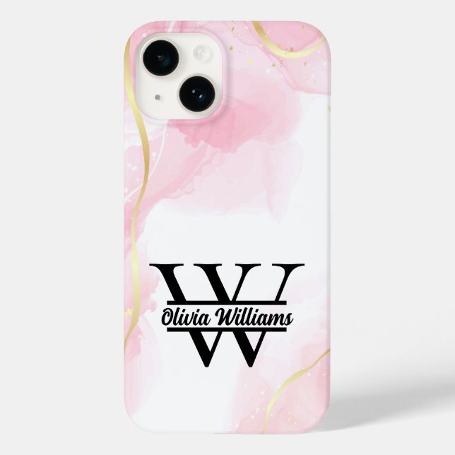 Rosa Marmormonogramm | Girly Modern Gold Glitzer Case-Mate iPhone 14 Hülle (Rückseite)