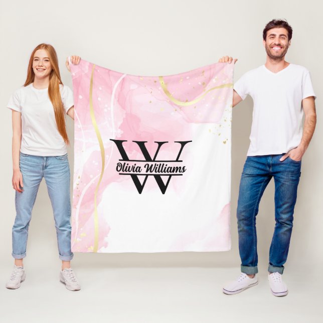 Rosa Marmormonogramm | Girly Modern Gold Glitzer Fleecedecke (Beispiel)