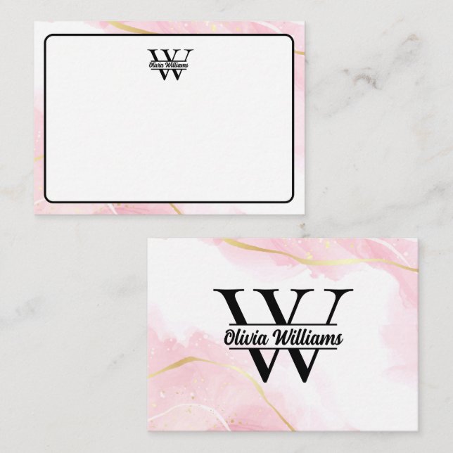 Rosa Marmormonogramm | Girly Modern Gold Glitzer Mitteilungskarte (Vorne/Hinten)