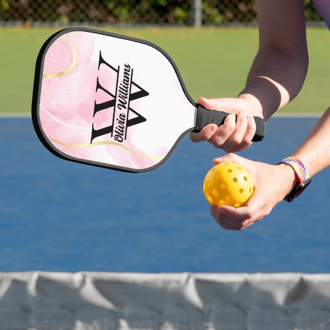 Rosa Marmormonogramm | Girly Modern Gold Glitzer Pickleball Schläger (InSitu)
