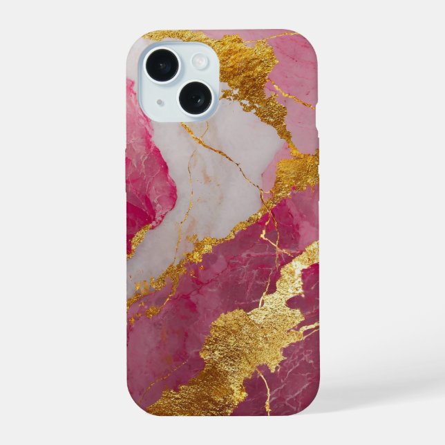 Rosa Marmormuster mit Gold iPhone 15 Hülle (Rückseite)