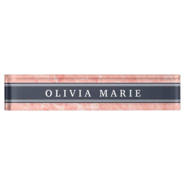 Rosa Marmormuster Navy Blue Akzent Namensplakette (Vorderseite)