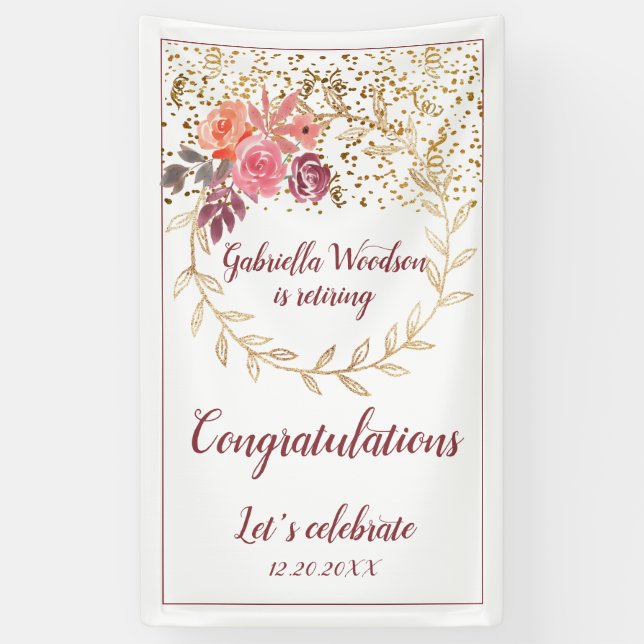 Rosa Marsala Gold Glitzer Blumenruhestand Banner (Vertikal)