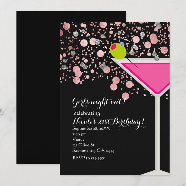 Rosa Martini Drink mit Olive Confetti Party Einladung (Vorne/Hinten)