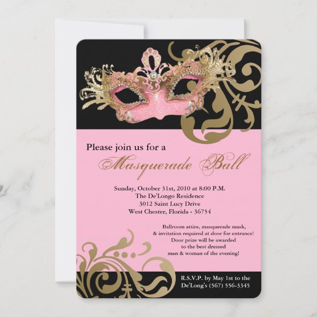 Rosa Masquerade Maskenball Halloween Einladung (Vorderseite)