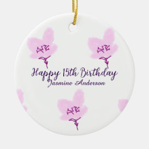 Rosa mauve Blumen 15. Geburtstag Quinceanera Name Keramik Ornament