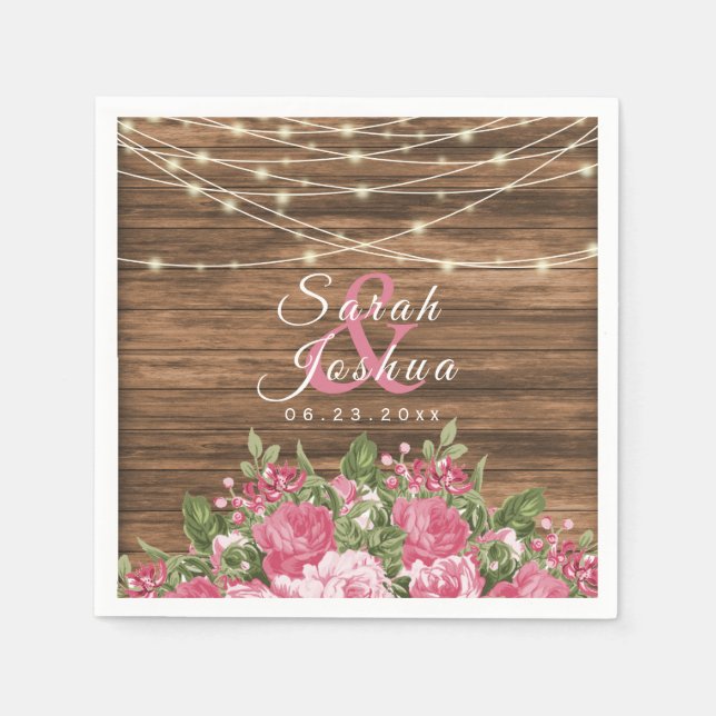Rosa Mauve Floral auf Holz Hintergrund Serviette (Vorderseite)