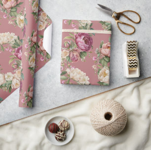Rosa Mauve Pfingstrosen-Blumenkranz Brautparty Geschenkpapier