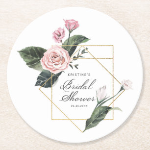 Rosa-Mauve-Rosen-Blumen-Goldrahmen-Bridal-Shower-R Runder Pappuntersetzer