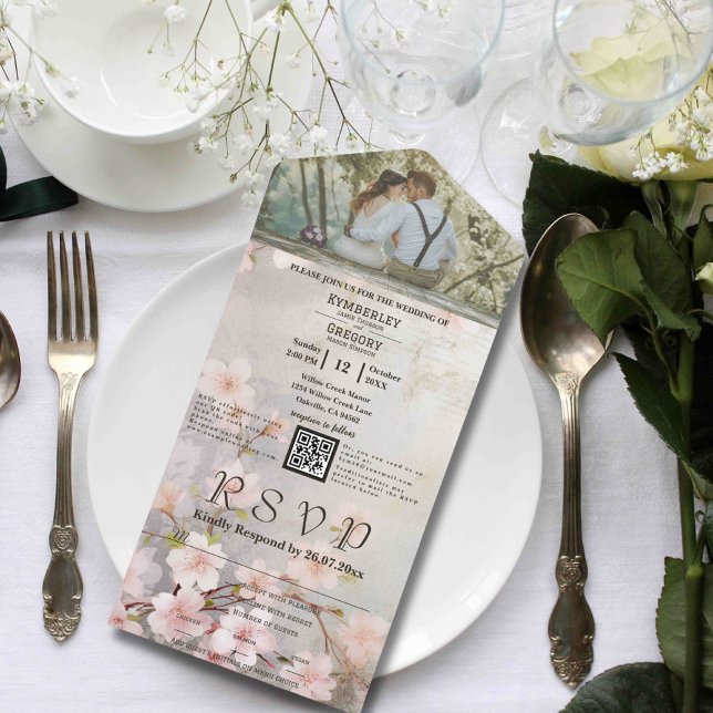 Rosa Mauve Sakura Kirschblüten Foto QR Code All In One Einladung (Von Creator hochgeladen)