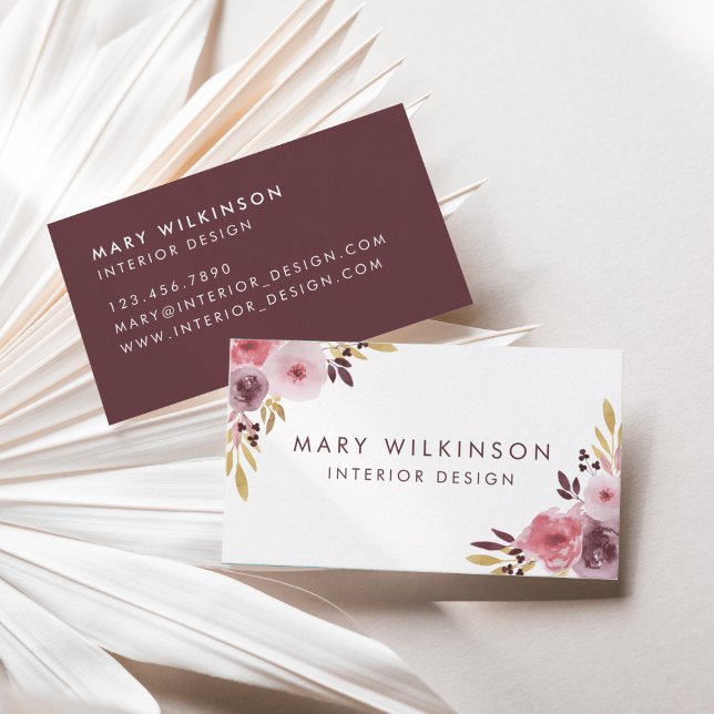 Rosa, Mauve und violette Aquarellblume und Blätter Visitenkarte (Pink, Mauve, and Purple Watercolor Flower & Leaves Business Card)