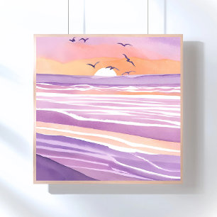 Rosa Meere   Wasserfarben-Sonnenuntergang-Ozeanwel Poster