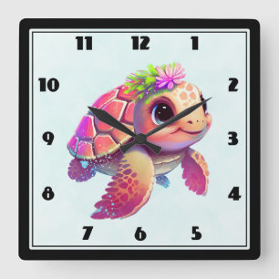 Rosa Meeresschildkröte Whimsical & Niedlich Quadratische Wanduhr