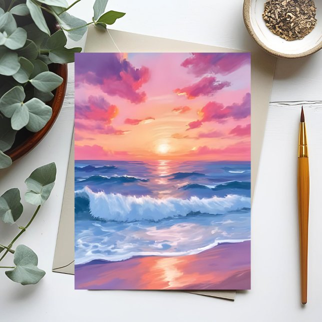 Rosa Meereswellen Sonnenuntergang Wasserfarbe Postkarte (Von Creator hochgeladen)