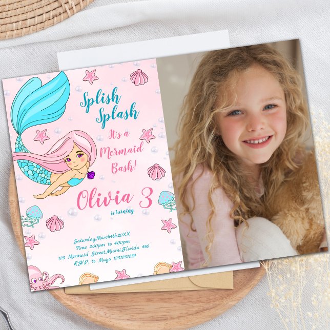 Rosa Meerjungfrau Geburtstag Einladungen mit Foto (Pink Mermaid Birthday Invitations with photo)