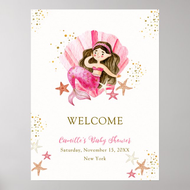 Rosa Meerjungfrau Starfish Babydusche Willkommen Poster (Vorne)