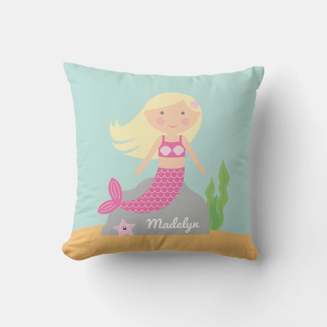 Rosa Meerjungfrau-und Starfish-Kissen Kissen (Vorderseite)